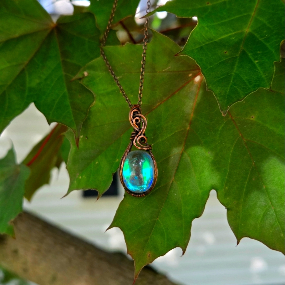 Angel aura quartz Copper Wire Wrapped Pendant With Copper Chain